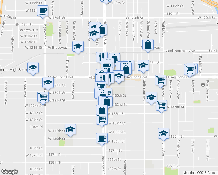 map of restaurants, bars, coffee shops, grocery stores, and more near 12920 Hawthorne Boulevard in Hawthorne