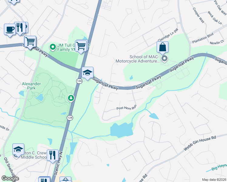 map of restaurants, bars, coffee shops, grocery stores, and more near 1390 Bridle Path Drive in Lawrenceville