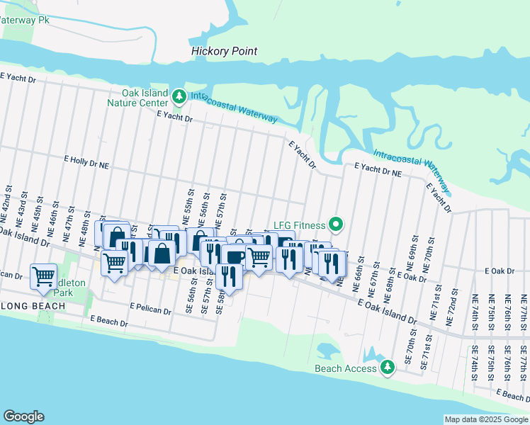 map of restaurants, bars, coffee shops, grocery stores, and more near 221 Northeast 60th Street in Oak Island
