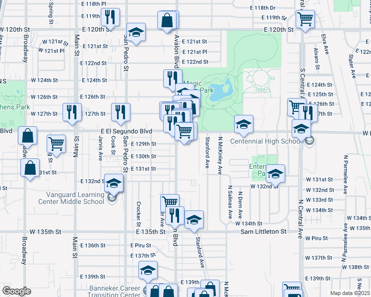 map of restaurants, bars, coffee shops, grocery stores, and more near 624 East El Segundo Boulevard in Los Angeles