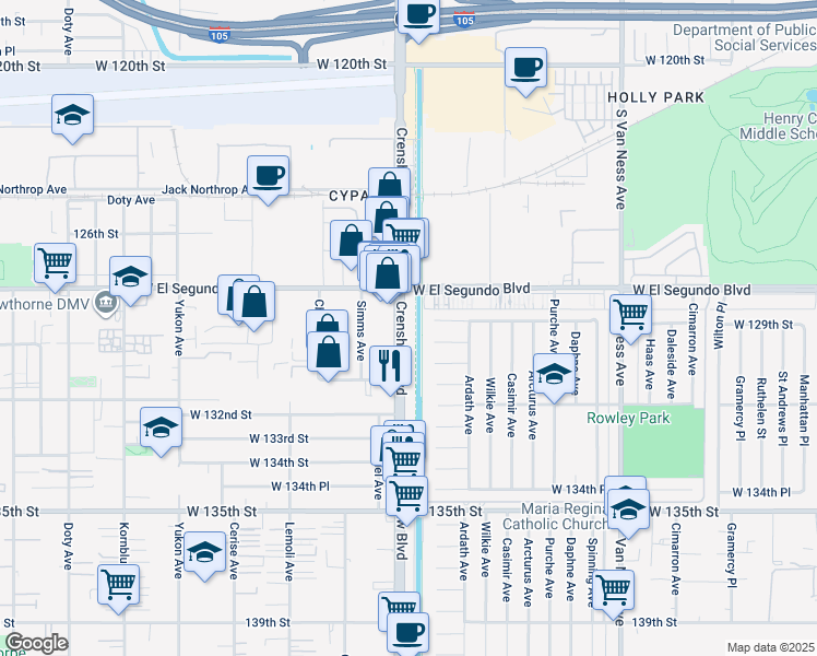 map of restaurants, bars, coffee shops, grocery stores, and more near 12900 Crenshaw Boulevard in Gardena