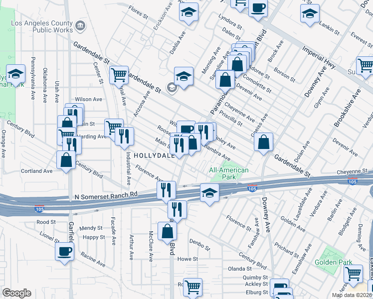 map of restaurants, bars, coffee shops, grocery stores, and more near 13223 Paramount Boulevard in South Gate
