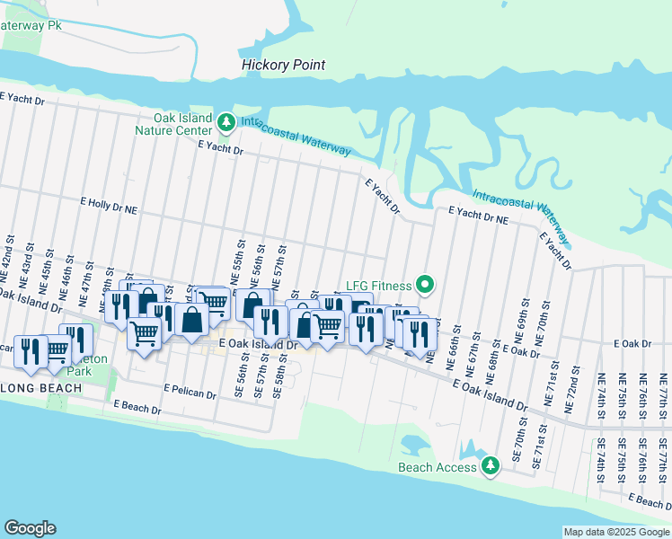 map of restaurants, bars, coffee shops, grocery stores, and more near 221 Northeast 60th Street in Oak Island