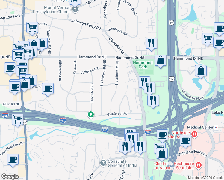 map of restaurants, bars, coffee shops, grocery stores, and more near 5870 Greenbrier Road Northeast in Atlanta