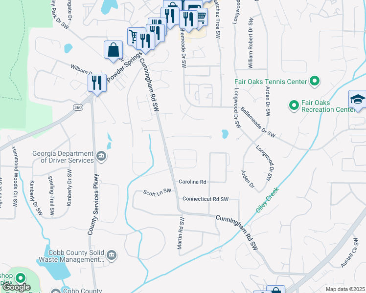 map of restaurants, bars, coffee shops, grocery stores, and more near 619 Crosswinds Cir in Marietta