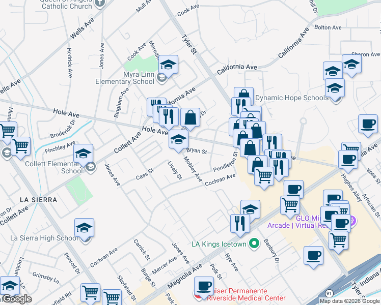 map of restaurants, bars, coffee shops, grocery stores, and more near 10436 Bryan Street in Riverside