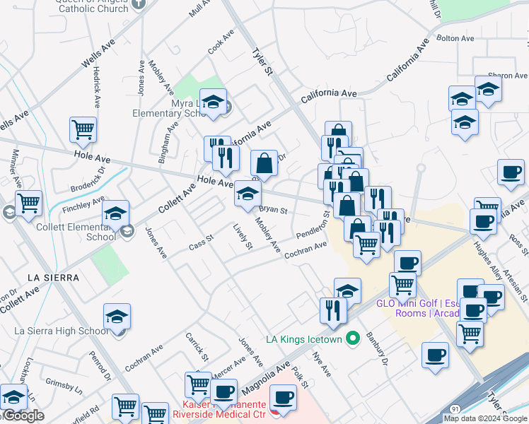 map of restaurants, bars, coffee shops, grocery stores, and more near 10480 Bryan Street in Riverside