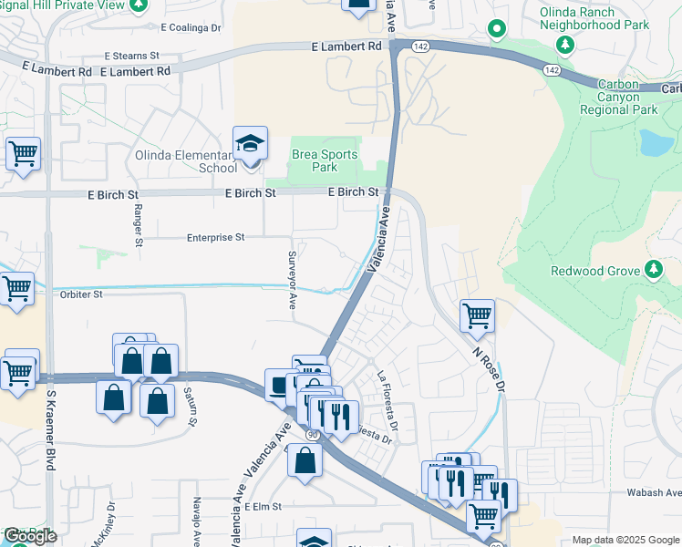 map of restaurants, bars, coffee shops, grocery stores, and more near 275 Valencia Avenue in Brea