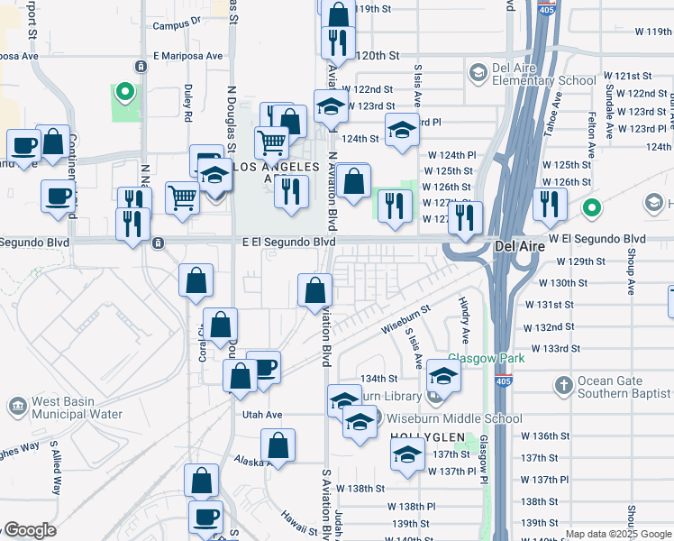 map of restaurants, bars, coffee shops, grocery stores, and more near 12913 Mission Avenue in Hawthorne