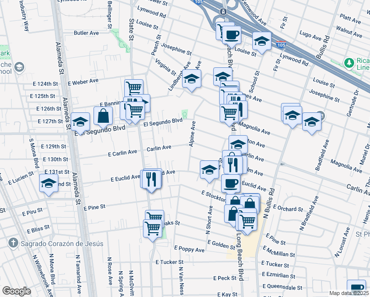 map of restaurants, bars, coffee shops, grocery stores, and more near 3204 Carlin Avenue in Lynwood