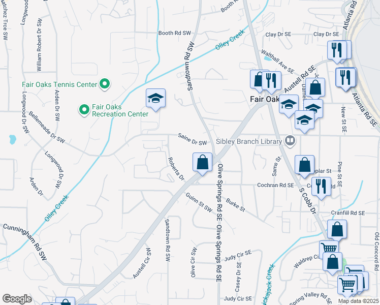 map of restaurants, bars, coffee shops, grocery stores, and more near 123 Saine Drive Southwest in Marietta