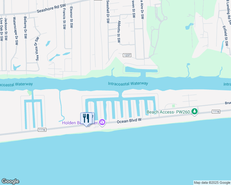 map of restaurants, bars, coffee shops, grocery stores, and more near 201 Greensboro Street in Holden Beach