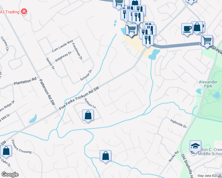 map of restaurants, bars, coffee shops, grocery stores, and more near 624 Oxford Hall Drive Southwest in Lawrenceville