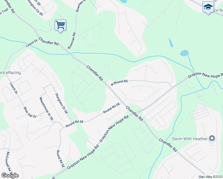map of restaurants, bars, coffee shops, grocery stores, and more near 1660 Chandler Road in Lawrenceville