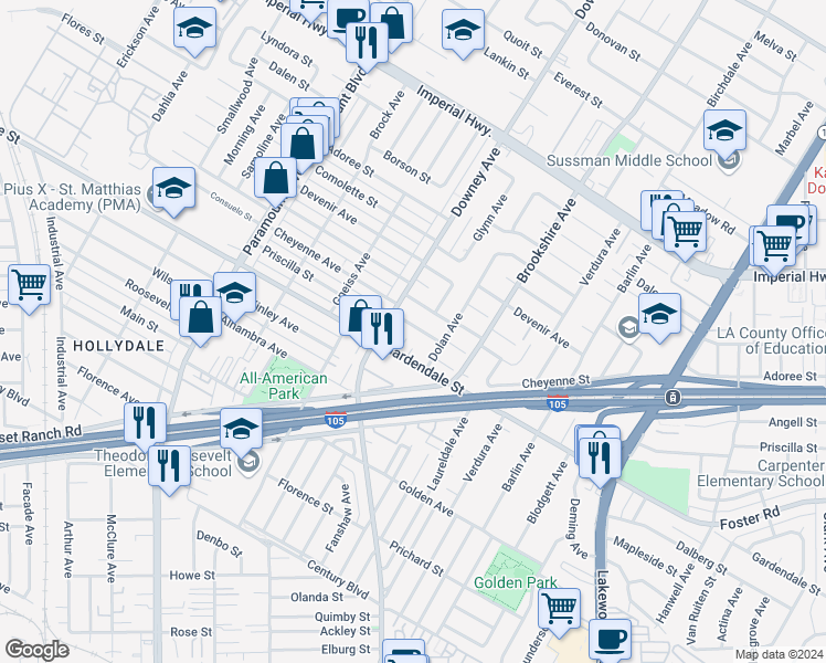 map of restaurants, bars, coffee shops, grocery stores, and more near 8326 Cheyenne Street in Downey