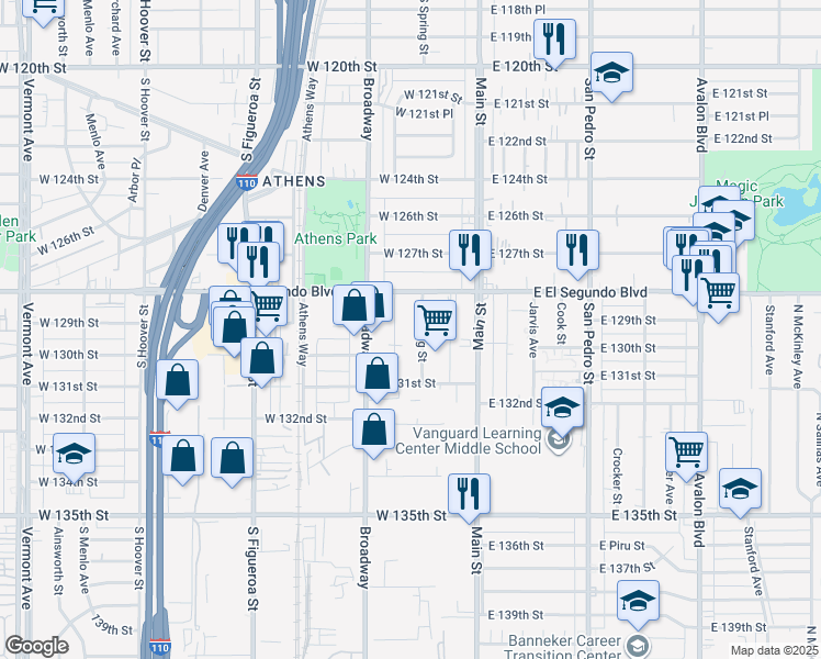 map of restaurants, bars, coffee shops, grocery stores, and more near 12915 S Spring St in Los Angeles