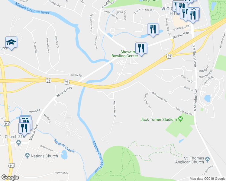 map of restaurants, bars, coffee shops, grocery stores, and more near 100 Betsy Lane in Athens