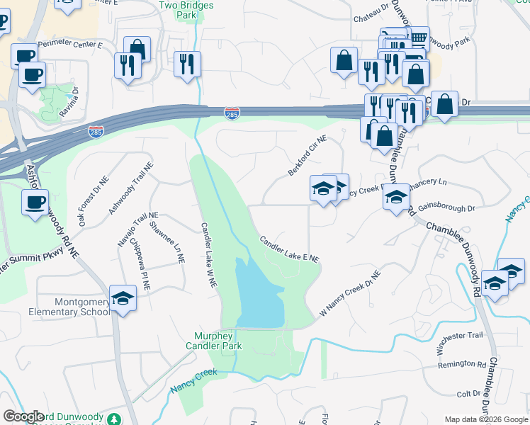 map of restaurants, bars, coffee shops, grocery stores, and more near 1571 East Nancy Creek Drive in Atlanta
