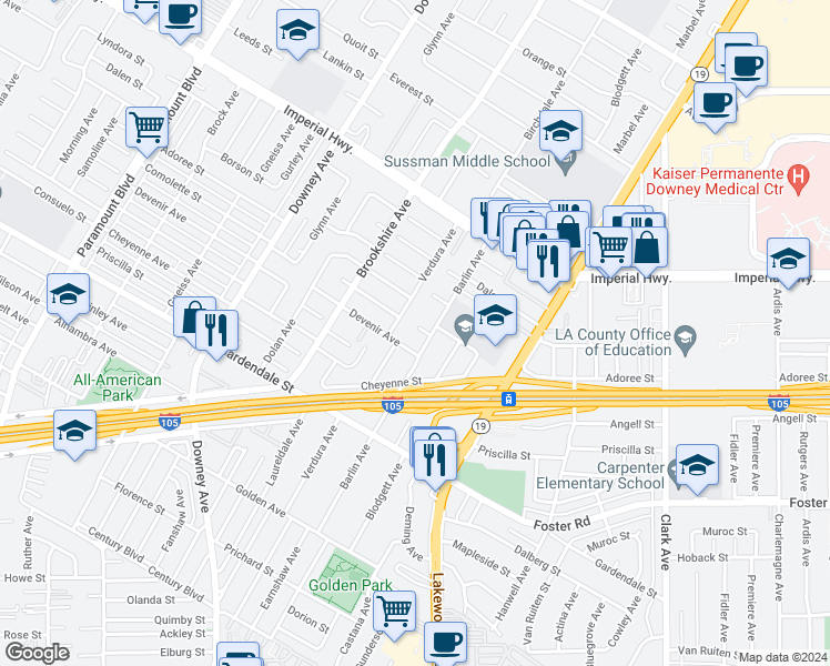 map of restaurants, bars, coffee shops, grocery stores, and more near 8622 Comolette Street in Downey