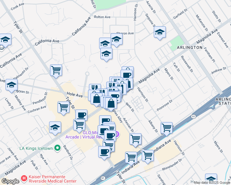 map of restaurants, bars, coffee shops, grocery stores, and more near 3834 Megginson Lane in Riverside