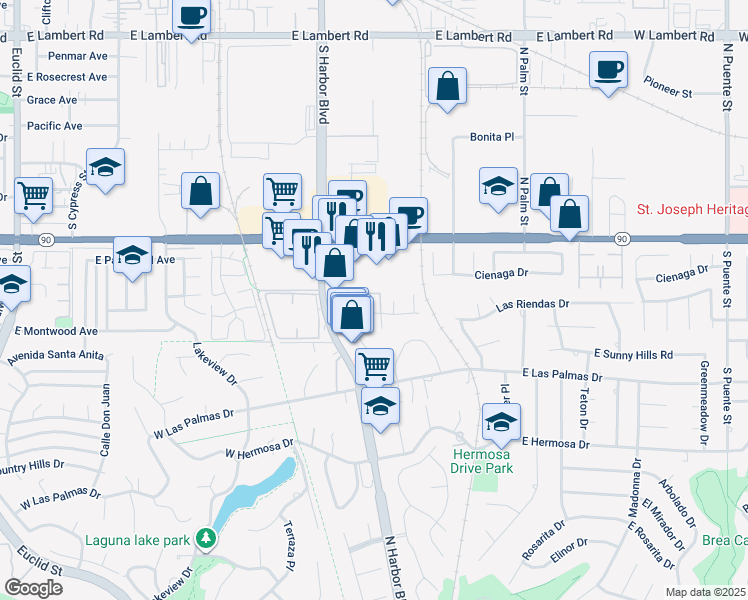 map of restaurants, bars, coffee shops, grocery stores, and more near 1301 Las Riendas Drive in La Habra