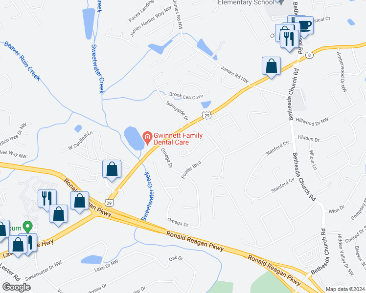 map of restaurants, bars, coffee shops, grocery stores, and more near 3455 Dianthus Lane Northwest in Lawrenceville
