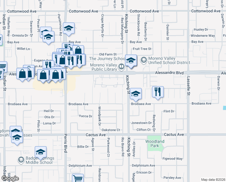 map of restaurants, bars, coffee shops, grocery stores, and more near 14160 High Noon Court in Moreno Valley