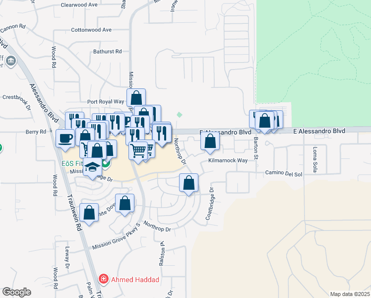 map of restaurants, bars, coffee shops, grocery stores, and more near 7450 Northrop Drive in Riverside