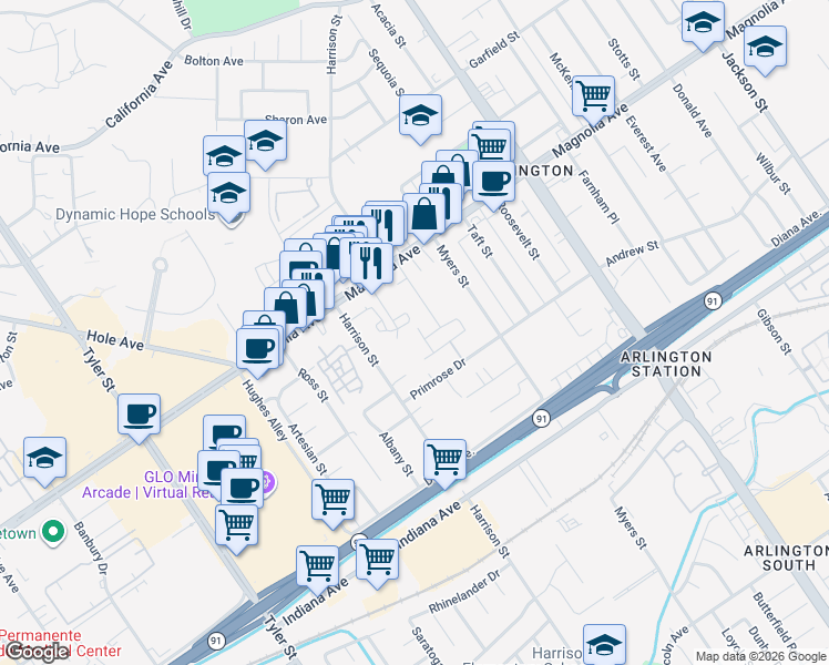 map of restaurants, bars, coffee shops, grocery stores, and more near 3694 Loheria Street in Riverside
