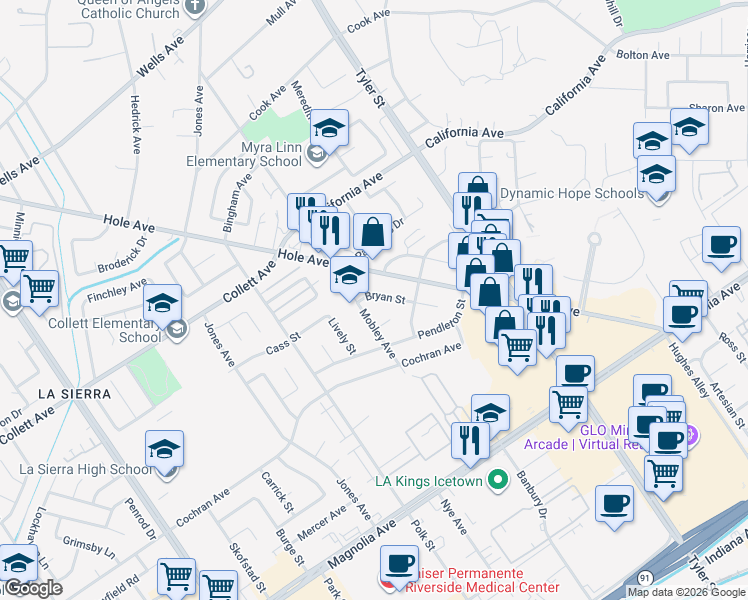 map of restaurants, bars, coffee shops, grocery stores, and more near 10436 Bryan Street in Riverside