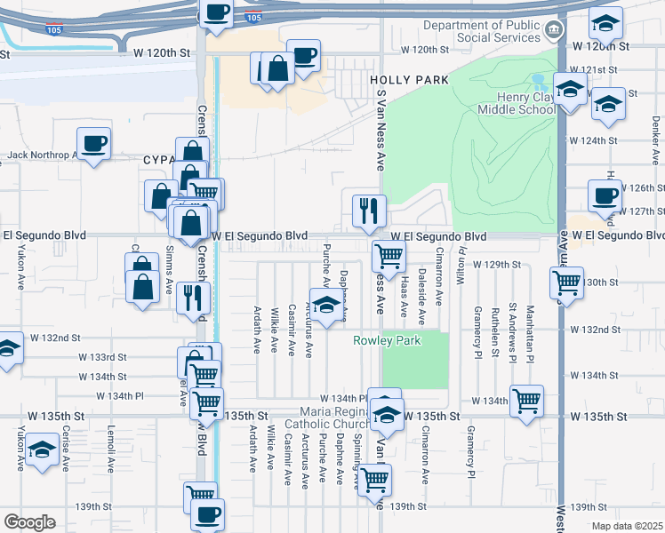 map of restaurants, bars, coffee shops, grocery stores, and more near 12915 Daphne Avenue in Gardena