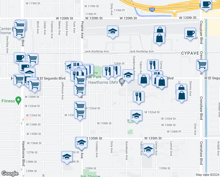 map of restaurants, bars, coffee shops, grocery stores, and more near 12915 Doty Avenue in Hawthorne