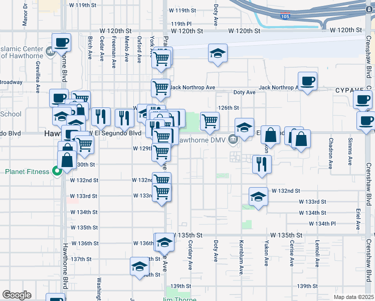 map of restaurants, bars, coffee shops, grocery stores, and more near 12920 Roselle Avenue in Hawthorne