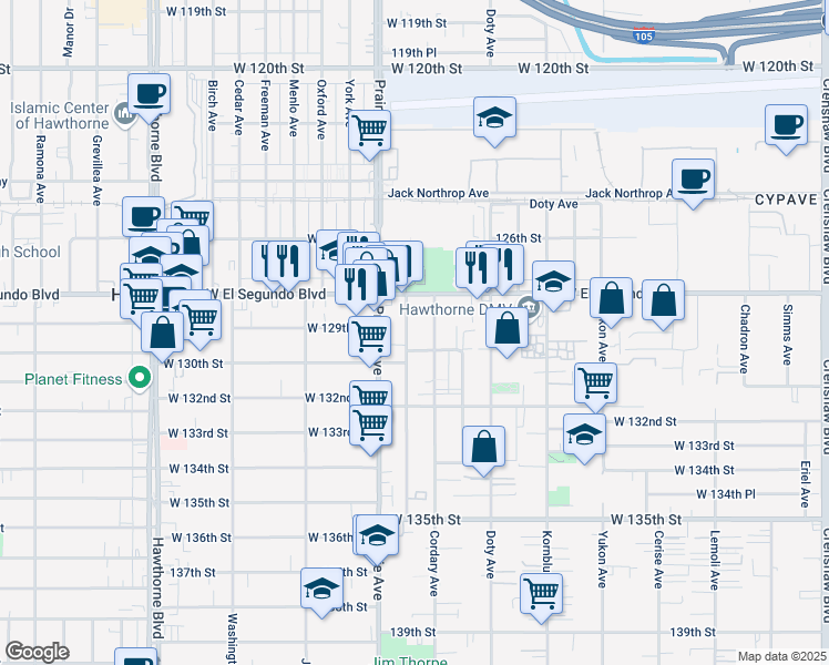 map of restaurants, bars, coffee shops, grocery stores, and more near 12920 Roselle Avenue in Hawthorne