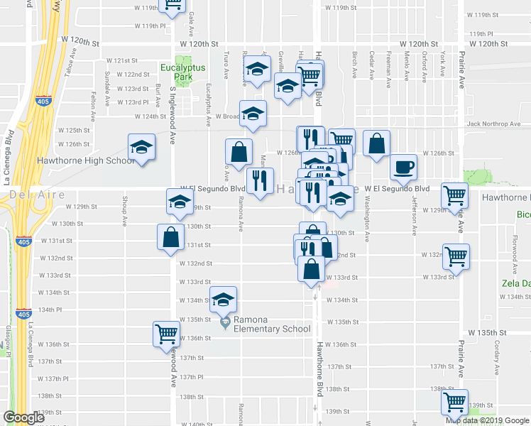 map of restaurants, bars, coffee shops, grocery stores, and more near 4554 West 129th Street in Hawthorne