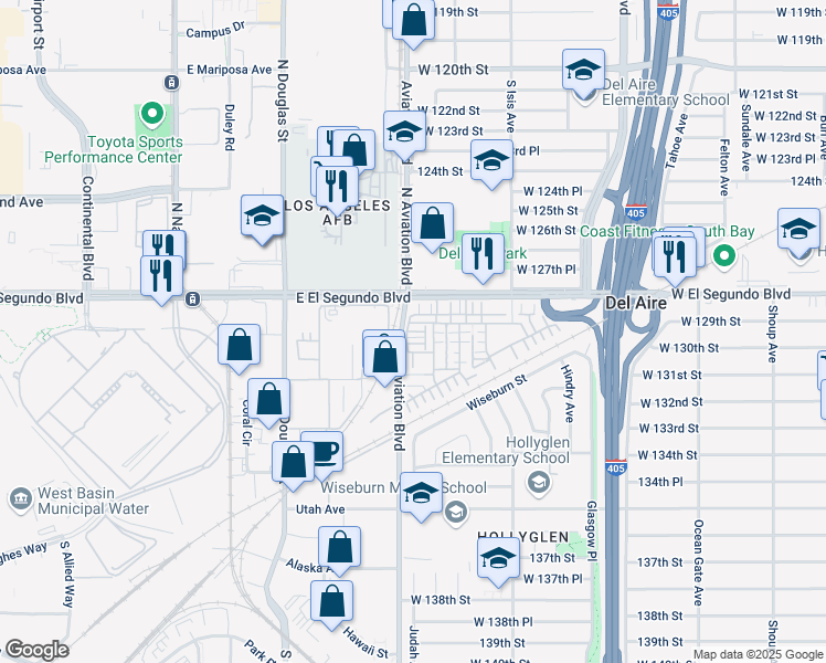 map of restaurants, bars, coffee shops, grocery stores, and more near 5550 Strand in Hawthorne
