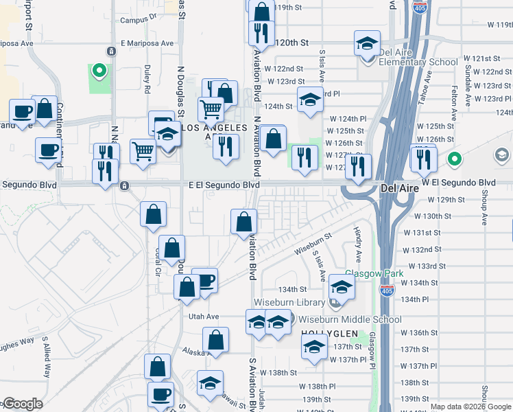 map of restaurants, bars, coffee shops, grocery stores, and more near 5550 Strand in Hawthorne