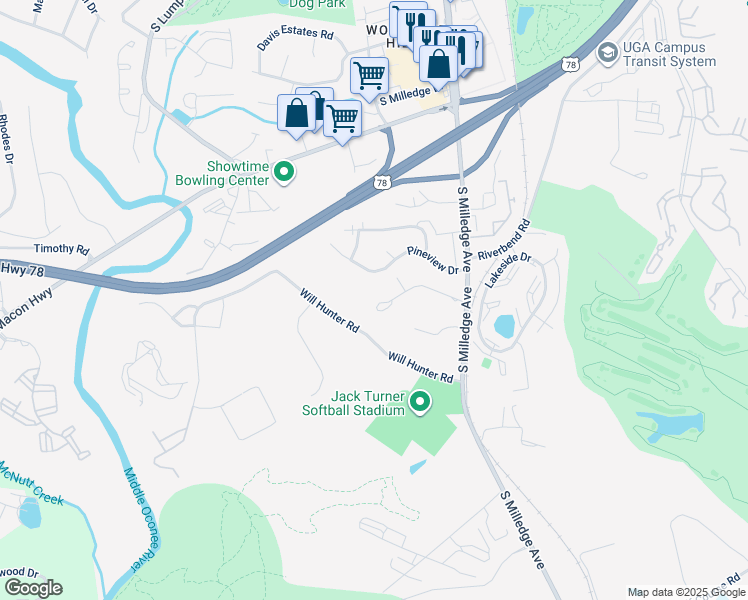 map of restaurants, bars, coffee shops, grocery stores, and more near 900 Venita Drive in Athens