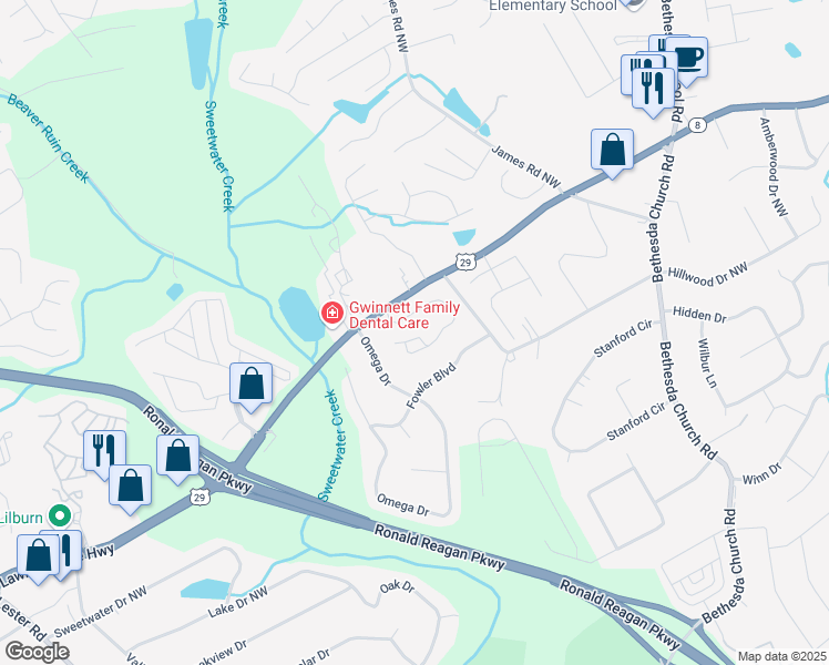 map of restaurants, bars, coffee shops, grocery stores, and more near 3453 Dianthus Lane Northwest in Lawrenceville