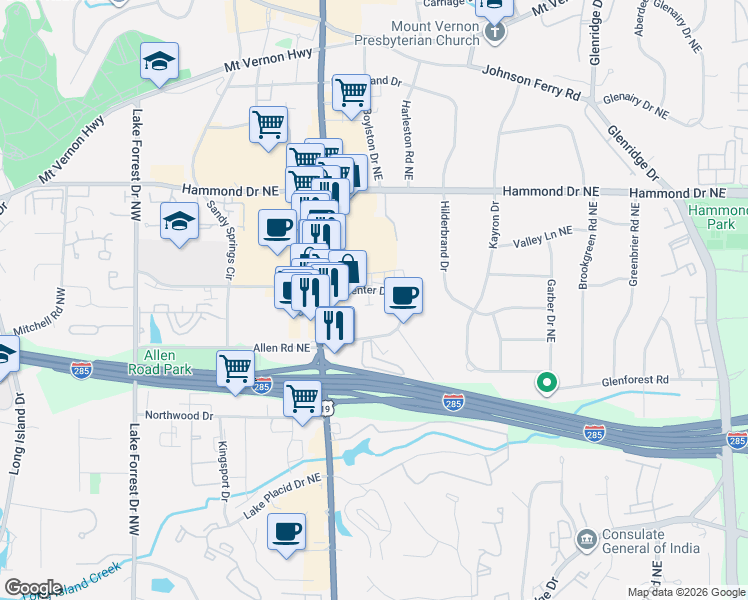 map of restaurants, bars, coffee shops, grocery stores, and more near 350 Carpenter Drive Northeast in Atlanta