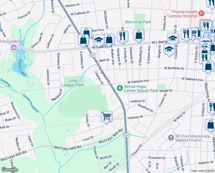 map of restaurants, bars, coffee shops, grocery stores, and more near 636 West Oakland Avenue in Sumter