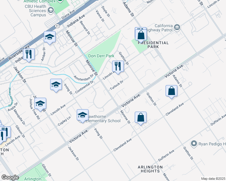 map of restaurants, bars, coffee shops, grocery stores, and more near 8678 Turlock Drive in Riverside