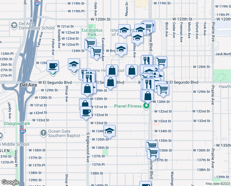 map of restaurants, bars, coffee shops, grocery stores, and more near 4610 W 129th St in Hawthorne