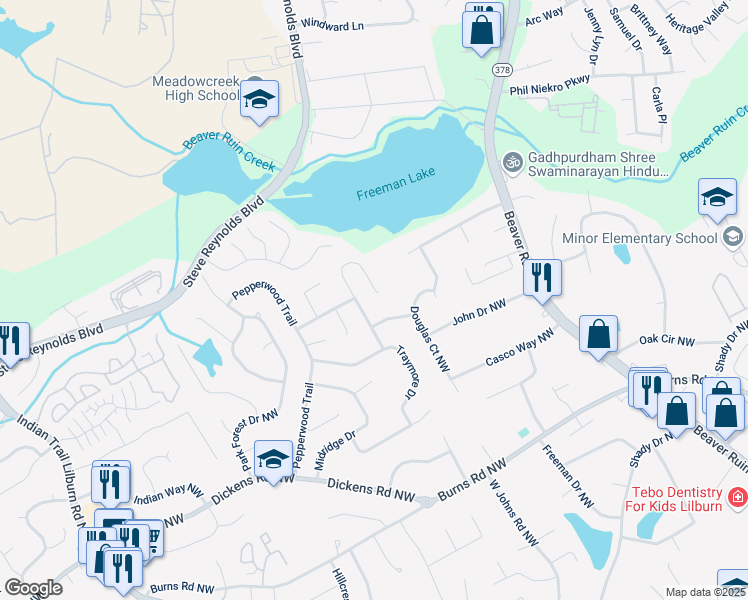 map of restaurants, bars, coffee shops, grocery stores, and more near 1213 Brockdell Court in Norcross