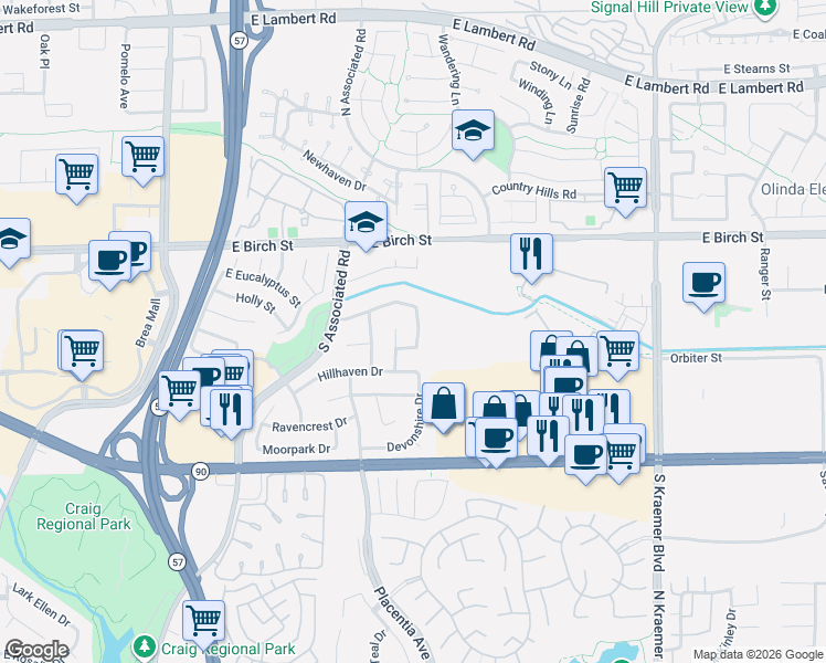 map of restaurants, bars, coffee shops, grocery stores, and more near 340 Devonshire Drive in Brea