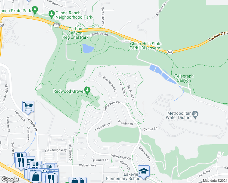 map of restaurants, bars, coffee shops, grocery stores, and more near 17261 Blue Spruce Lane in Yorba Linda