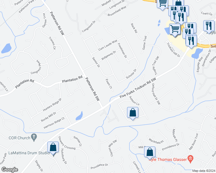 map of restaurants, bars, coffee shops, grocery stores, and more near 561 Exam Court in Lawrenceville