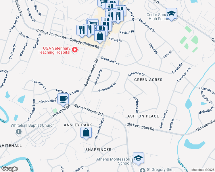 map of restaurants, bars, coffee shops, grocery stores, and more near 175 Brentwood Drive in Athens