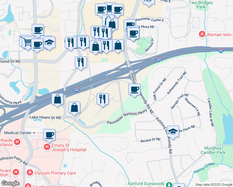 map of restaurants, bars, coffee shops, grocery stores, and more near 4004 Summit Boulevard Northeast in Atlanta