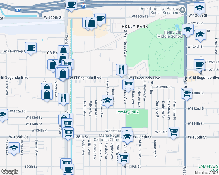 map of restaurants, bars, coffee shops, grocery stores, and more near 12915 Daphne Avenue in Gardena